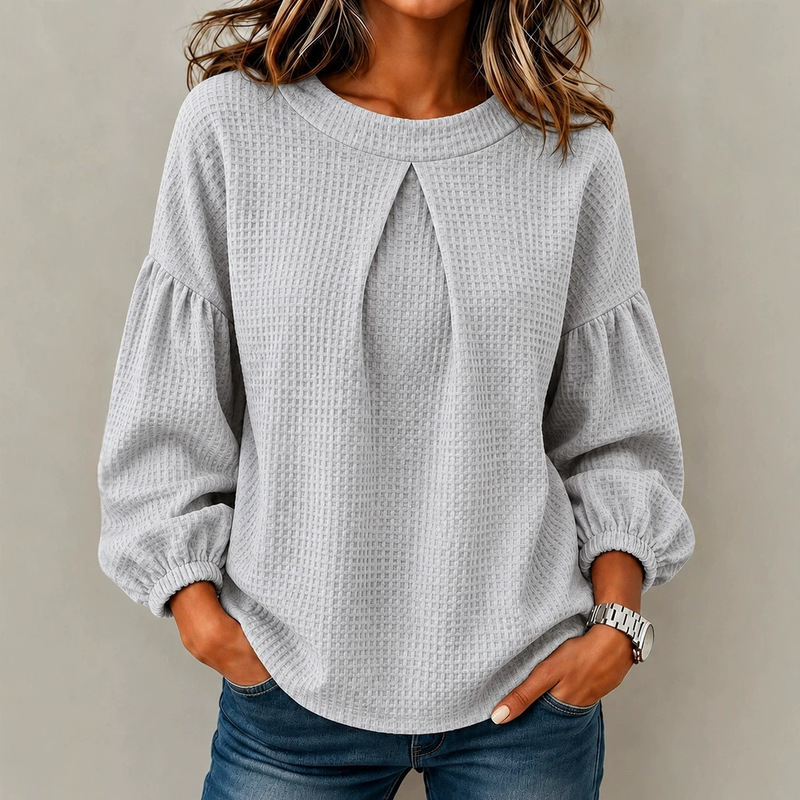 Puff Sleeve Blouse - Ladies Casual Waffle Texture Long Sleeve