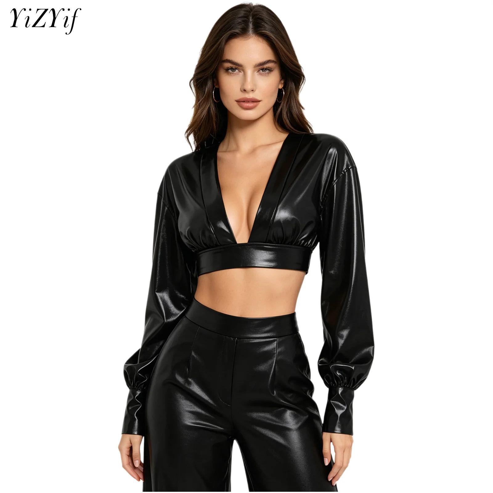 Crop Top Women - Womens Y2K Metallic Shiny Hip Hop