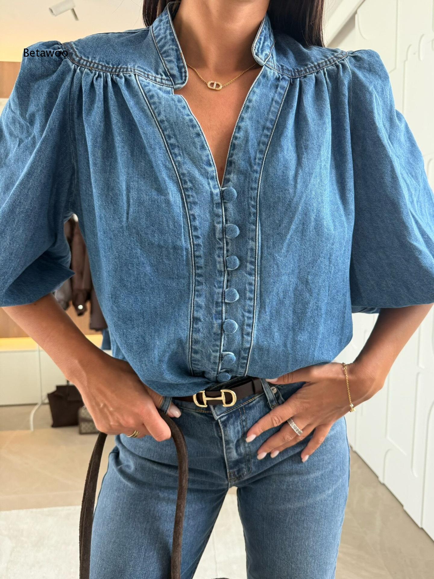 Women Stand Collar V Neck Deni - Puff Sleeve Blouse review and price