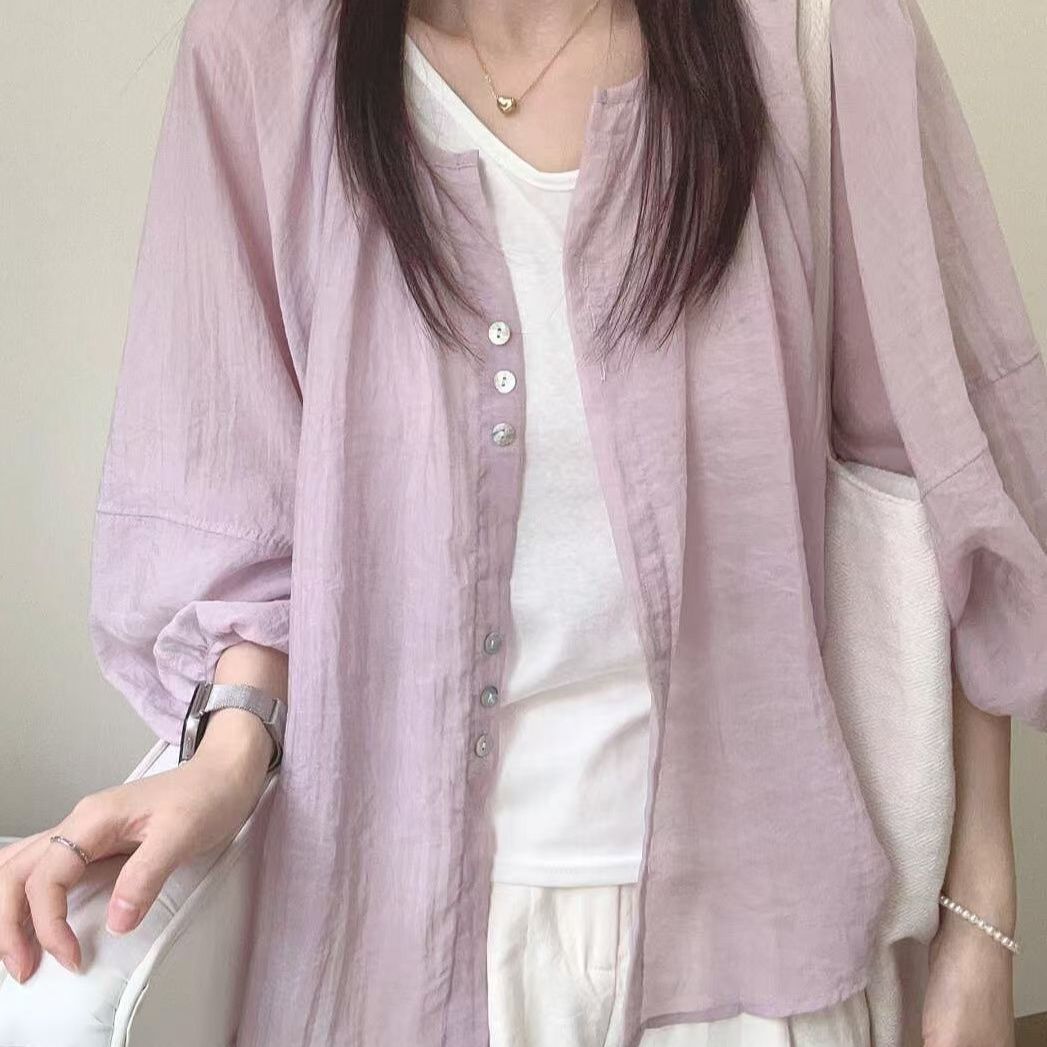 Stand Collar Shirt Crinkle Tex - Puff Sleeve Blouse review and price