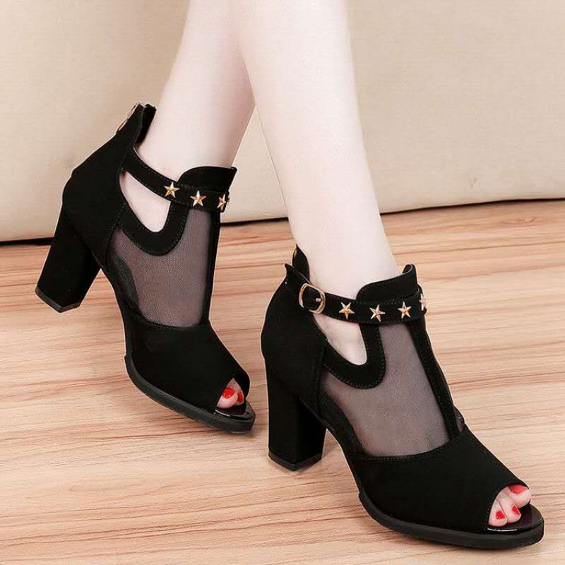 Mesh Peep Toe Block High Heels - Women'S Fashion Korea review and price