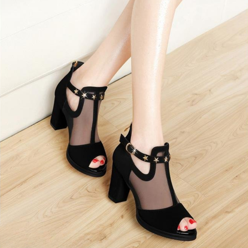 Mesh Peep Toe Block High Heels - Women'S Fashion Korea review and price