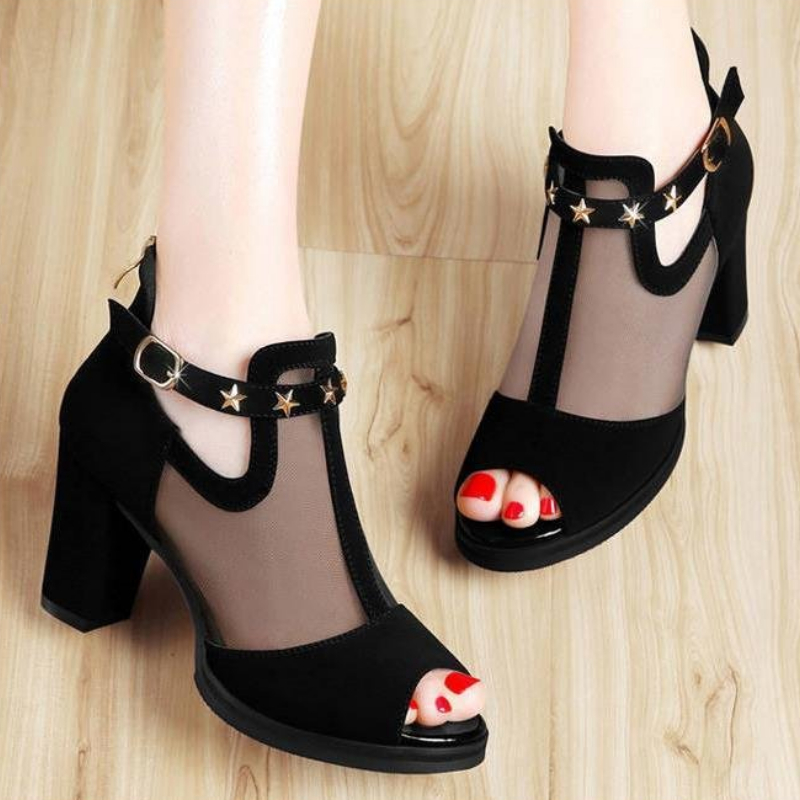 Mesh Peep Toe Block High Heels - Women'S Fashion Korea review and price